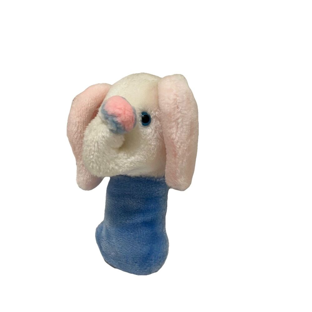 Elephant Rattle Plush Handle 7" Stuffed Vintage Blue White Eden Toys